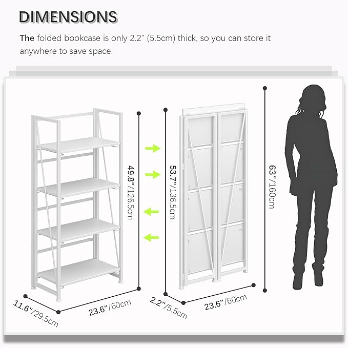 4NM No Assembly Folding Bookshelf Storage Shelves 4 Tiers Vintage Bookcase Standing Racks Study Organizer Home Office (All White)