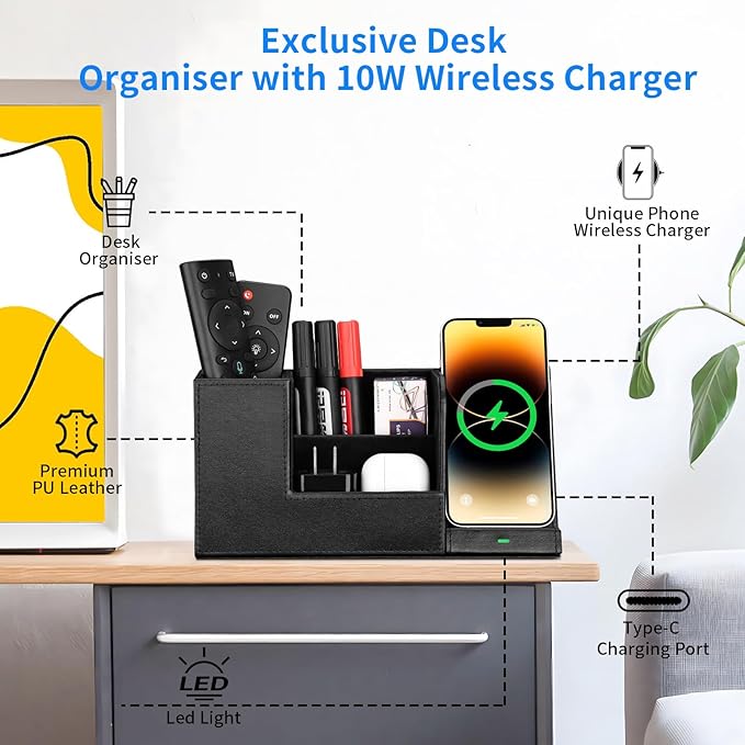 Wireless Charger with Desk Organizer, Fast Charging Station for iPhone 15 14 13 12 11 Pro Max/Samsung Galaxy S23/S22/S21/S20/Z Flip/Fold 5, Desk Phone Charger Stand Office Desktop Organizer Leather