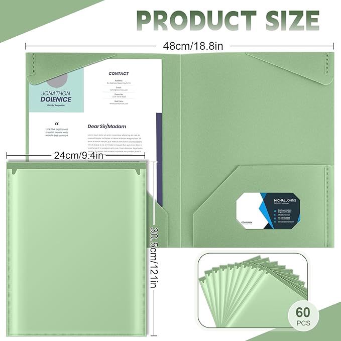 Henoyso 60 Pcs Plastic Folders with Clear Front Pockets Heavy Duty File Folders with 2 Pockets and Card Slot for Student Communication School Office Presentation Report (Sage Green)