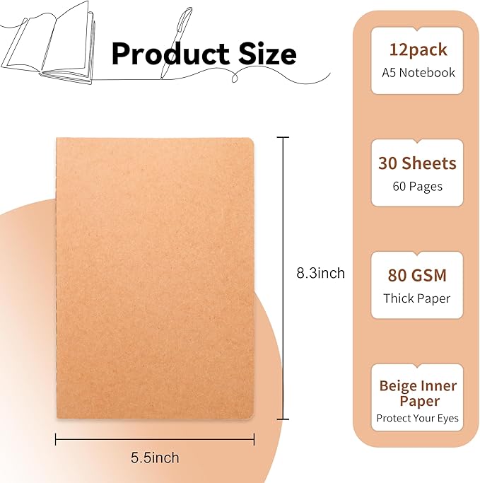 12 Pack Blank Kraft Notebooks, 8.3x5.5 Inches A5 Small Journals Bulk Blank Notebooks 80 Gsm Unlined with 60 Pages A5 Subject Notebooks Traveler Journal Set for Adult Students Back to School Supplies