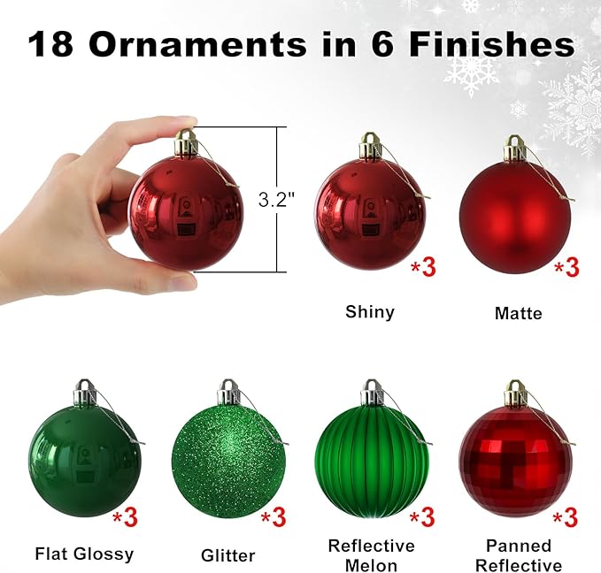 Red & Green 3.2" Large Christmas Balls - Christmas Tree Decoration Ornaments Shatterproof Hanging Balls for Birthday Halloween Holiday Wedding Decorations Set of 18pcs