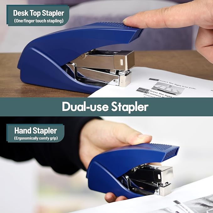 AFMAT Effortless Stapler for Desk, 50 Sheet Capacity, Low Force, Built-in Staple Remover, One Finger Touch Stapling Desktop Stapler, Portable & Space Save Size, Good for Home & Office, Blue