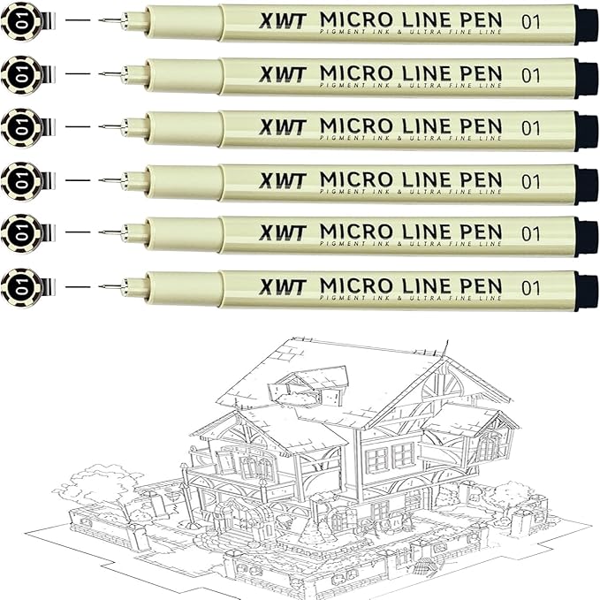 Micro Fineliner Pens 6Pcs 0.25mm/Set, Ultra Fine Fineliner Pen, Water-based Black Pigment Ink, Drawing Journaling Doodling Supplies for Artists, Designers, Students