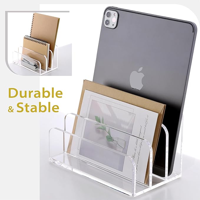 SANRUI Acrylic Mail File Organizer Sorters for Desk, 3 Upright Compartments Laddered Clear Desktop Vertical Letter Holder, Multifunction Envelope Folder Racks Holders for Office,Home, School