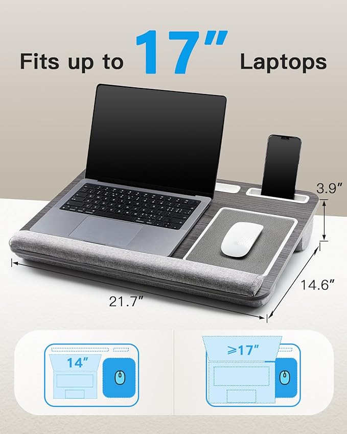 HUANUO Lap Desk - Fits up to 17 inches Laptop Desk, Built in Wrist Pad for Notebook, MacBook, Tablet, Lap Laptop Desk with Tablet, Pen & Phone Holder (Black Woodgrain)