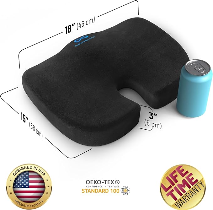 Everlasting Comfort Doctor Recommended Memory Foam Seat Cushion for Office Chairs & Car Seat - Ergonomic Office Desk Accessories for Tailbone Pain Relief, Sciatica & Back Support