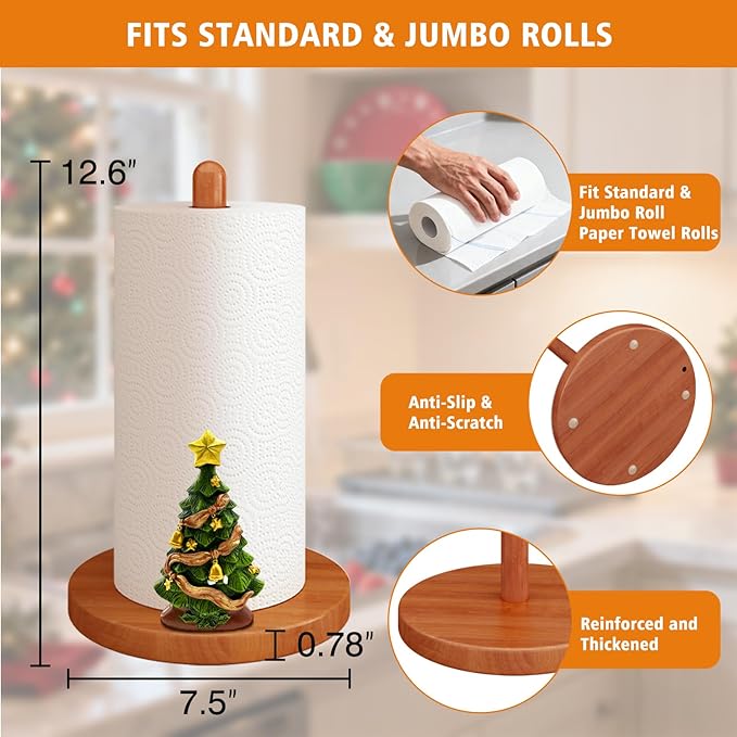GAJ Christmas Decorations Paper Towel Holder Countertop, 3D Christmas Tree Kitchen Counter Decor, Cute Resin Wooden Stand for Bathroom&Home Indoor Table, Winter Xmas Gift for Women, Housewarming Gifts