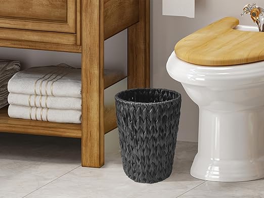 Wicker Trash Can,Small Trash Can,Handwoven Waterproof Wicker Trash Basket,Round Garbage Can,Compact Waste Basket for Bathroom,Bedroom,Office,2 Gallon Black