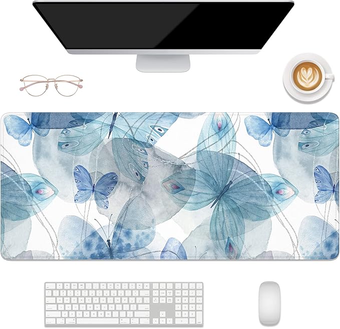 Desk Mat, 32" x 12" XXL Extended Large Gaming Mouse Pad, Desktop Decor Desk Pad, Cute Men Women Office Supplies and Accessories, XL Mouse Mat for Laptop & Keyboard, Blue Butterfly
