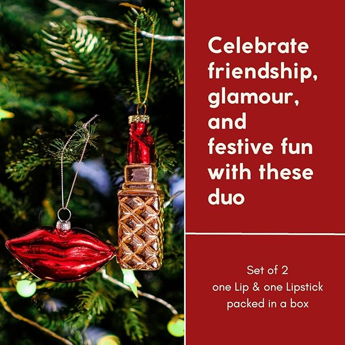 Set of 2 Funny Lipstick & Lips Blown Glass Ornaments - Glitter Gold & Red for Women
