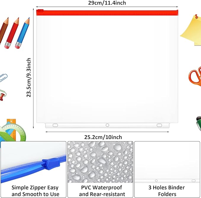 40 Pieces Binder Pockets 3 Hole Zipper Pouch 3 Ring A4 Pockets with Zipper Binder Folders Plastic Pouches Loose Leaf Bags Waterproof PVC Document Filing Bag (Colorful)