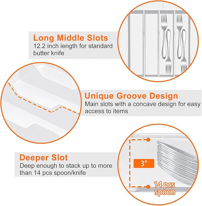 Silverware Organizer - Expandable Silverware Tray for Drawer, Adjustable Utensil Drawer Organizer for Forks, Knives, Kitchen Organizers and Storage, White