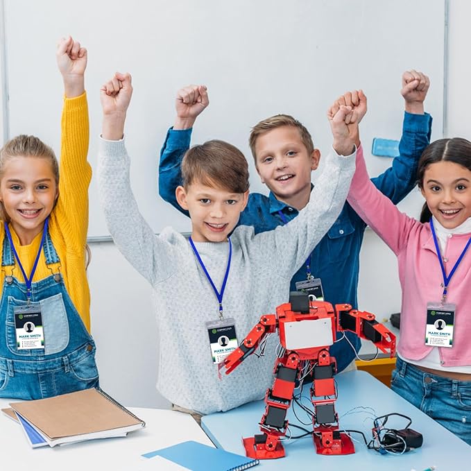 Fushing 50pcs Clear Plastic Vertical Name Tags Badge ID Card Holders and Blue Neck Lanyards with Swivel Hook for School, Festival, Event (XL)