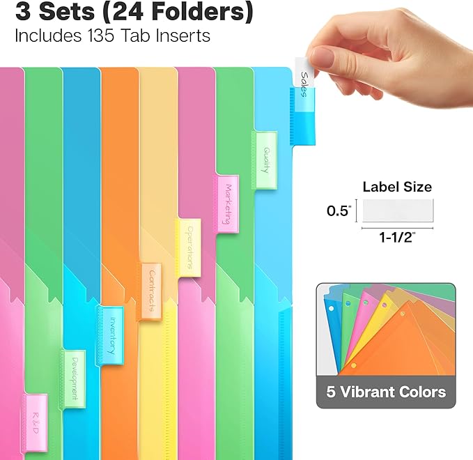 Dunwell 2-Pocket 8 Tab Binder Dividers (3 Sets, 24 Count), Plastic 8 Subject Notebook Dividers with Pockets for 3-Ring Binders, Durable Binder Pocket with Colorful Tabs, Letter Size