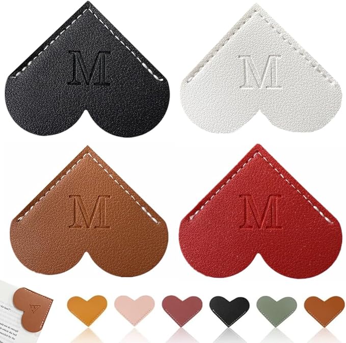 Personalized Leather Heart Bookmark, 26 Letters Customized Corner Book Mark for Reading, Book Holder Markers with Initials Page Book Accessories Cute Gifts (Black+White+Dark Brown+Red,M)
