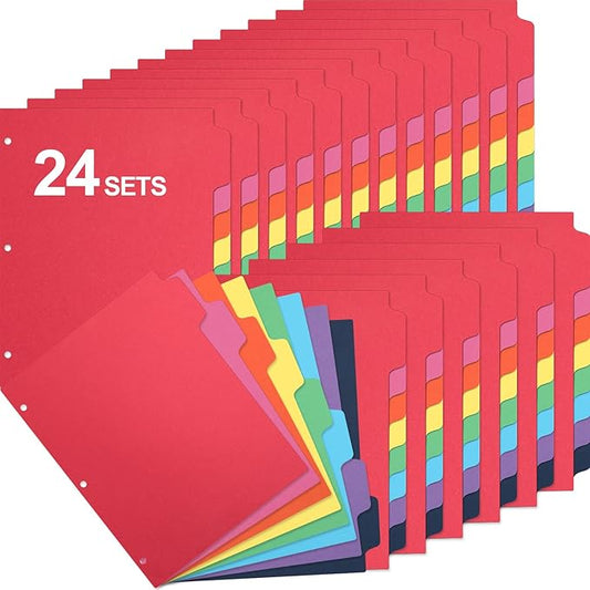 Thenshop 192 Pieces 24 Sets Binder Dividers with Tabs Bulk 8.5 x 11 Inch Write & Erase Big Paper 8 Tab Dividers for 3 Ring Binder(Bright Color)