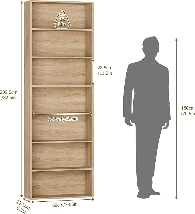 FACBOTALL 82" Tall Bookshelf, 7-Tier Open Shelves Bookcase, Freestanding Display Storage Shelves, Tall Bookcase Home Decor Furniture for Home Office, Living Room, Bedroom, Light Oak