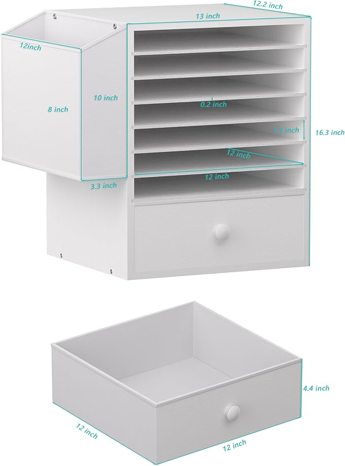 7 Tier Adjustable Countertop Mail Sorter with Drawer, Office Mailboxes With Name Slots, 12 X 12 Paper Storage Slot, Office Desk File Organizer, Wooden Desktop Mailbox For Classroom, White