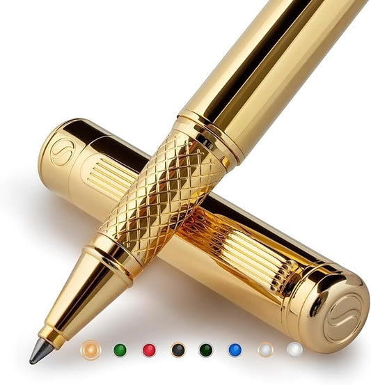 Scriveiner Gold Rollerball Pen - Stunning Luxury Pen, Real Gold Plating, Schmidt Ink Refill, Best Roller Ball Pen Gift Set for Men & Women, Professional, Executive Office, Nice Pens