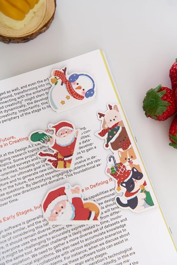 5pcs/Set Cute Magnetic Bookmark, Funny Peeping Santa Claus Kawaii Animals Book Marker Clip for Teachers, Students, Book Lovers Christmas Gifts, Printing on 2 Side (Santa Claus)