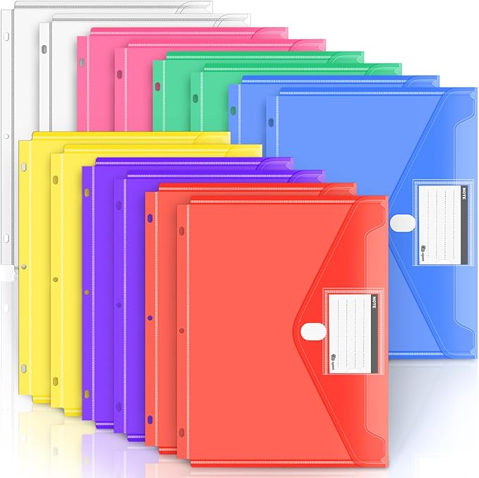 28pcs Binder Folders with Space-Saving Closure and Label Pocket, Super Heavyweight Plastic File Envelopes for 3 Ring, 7 Colors Letter Size Side Loading Binder Pockets Organizer for School