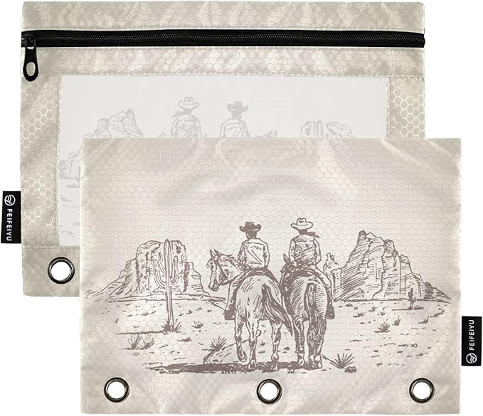 ZAZYXTJ Personalized Western Cowboy Binder Pencil Pouchs 3 Ring with Zipper Clear Window Office Organizers bag for School Students Teacher Supplies 2 Pack