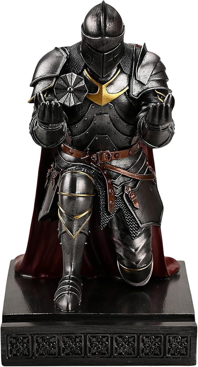 Medieval Armored Warrior Wearing Outerwear, Mobile Phone Stand Knight Pen Holder Desk Organizers, Resin Bookends Paperweight with a Letter Opener for Desk (Iron)