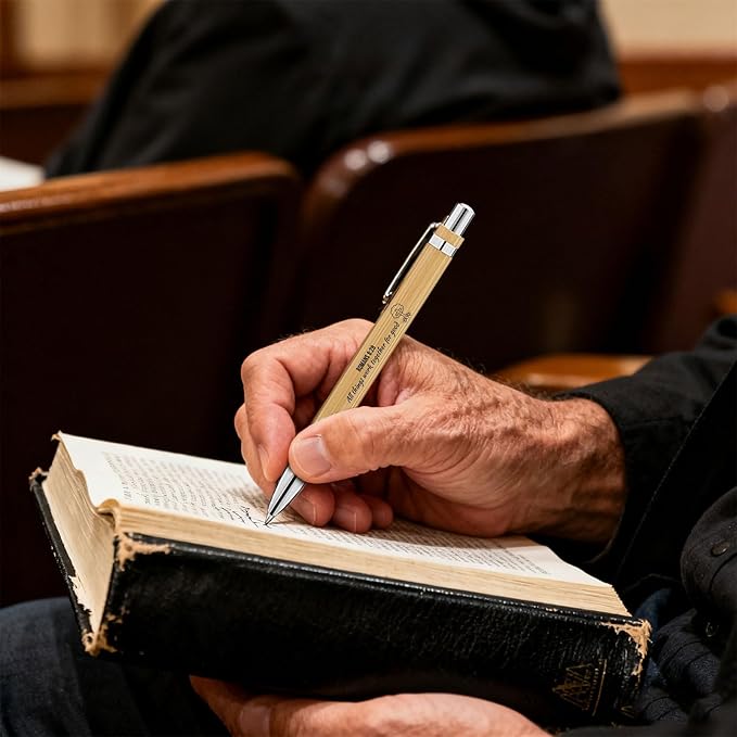 12 PCS Bamboo Bible Design Pens with Inspiring Text, Pen Set with 12 Ink Refills & 1 Black Pen Holder, Smooth Black Ink Ballpoint Pens for Church Staff, Gift for Women & Men