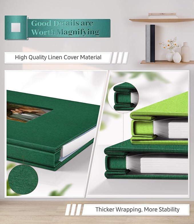 Photo Album Self Adhesive Scrapbook Album for 3x5 4x6 5x7 8x10 Pictures, 60 Pages Linen Cover with Display Window DIY Photo Book,Ideal Gifts for Family Travel Wedding Baby