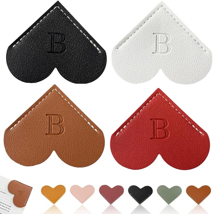 Personalized Leather Heart Bookmark, 26 Letters Customized Corner Book Mark for Reading Women, Book Marker with Initials，Cute Gifts (Black+White+Dark Brown+Red, B)