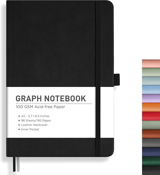RETTACY Graph Grid Paper Notebook, 192 Pages, A5 Medium Size (5.7'' x 8.3''), 5 Squares per Inch, Leather Hardcover, 100 GSM Thick Paper, for School, Students, Math, Engineering (Black)