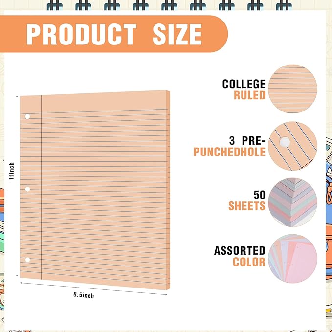 PerKoop 400 Sheets Colored Loose Leaf Paper 8.5" x 11" college ruled Lined 3 Hole Punched notebook Filler Paper for 3 Ring Binders Office School Supplies (Fantasy Color)