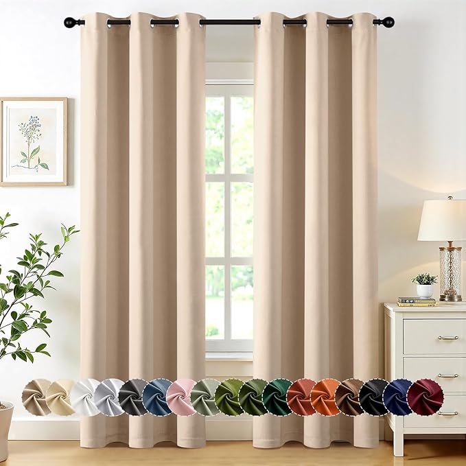 MIULEE Beige Blackout Curtains for Bedroom Living Room 84 Inches Long 2 Panels, Thermal Insulated Room Darkening Drapes Solid Grommet Top Noise Reduction Light Blocking Window Treatments 40x84 Inch