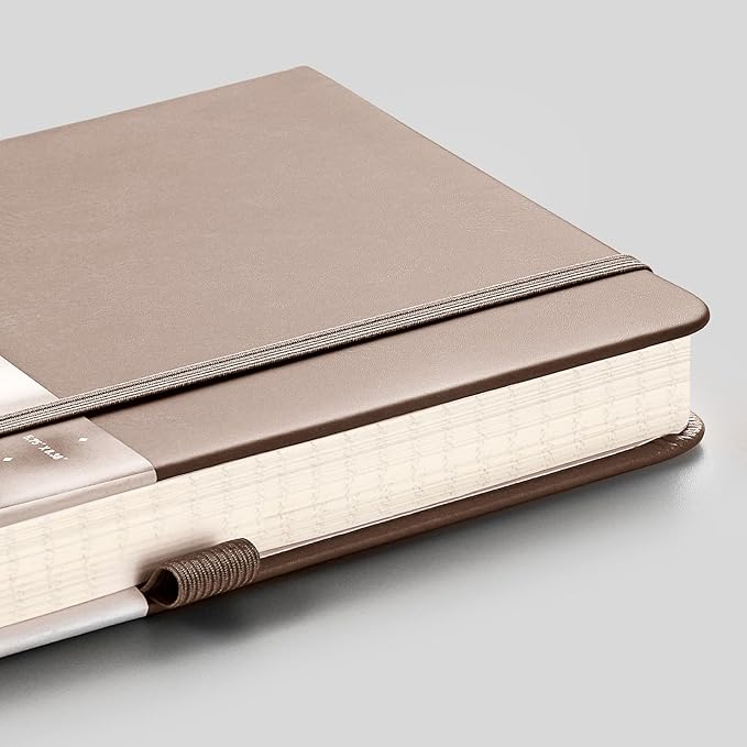 EMSHOI A5 Graph Paper Notebook - 256 Pages PU Leather Hardcover Journal, 120gsm Thick No-Bleed Grid Paper Notebook for Women Men Work School Math Engineering, 5.75" x 8.38" Khaki