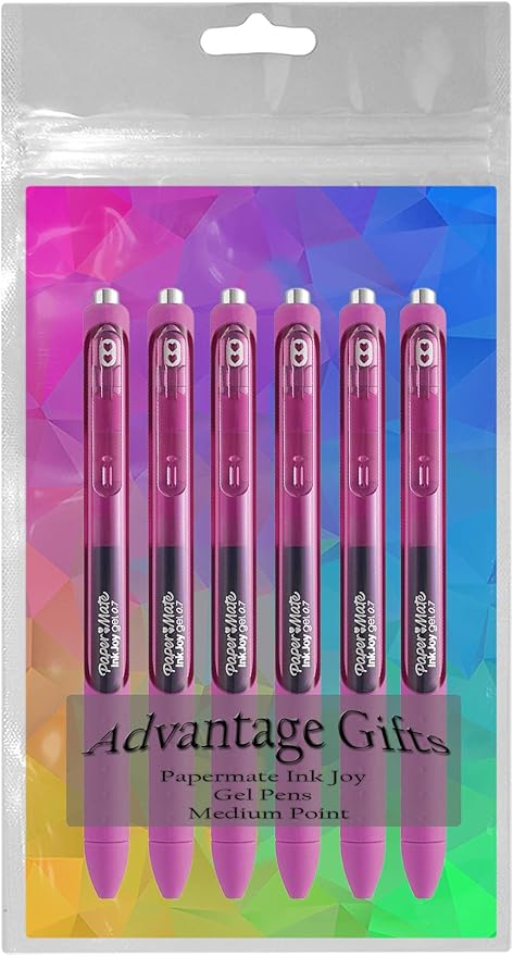 Paper Mate InkJoy Gel Pens, Berry Ink, Medium Point (0.7mm), 6 Count, Bundle with Plastic Reusable Pouch