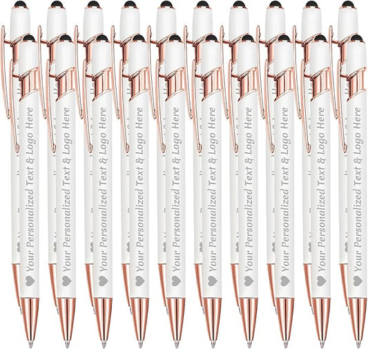 STREADVE Personalized Custom Pens 20 Engraved Writing Pen with Name Logo, Customized Promotional Items Stylus Pen Gifts for Communion Wedding Men Women Realtor Business, White