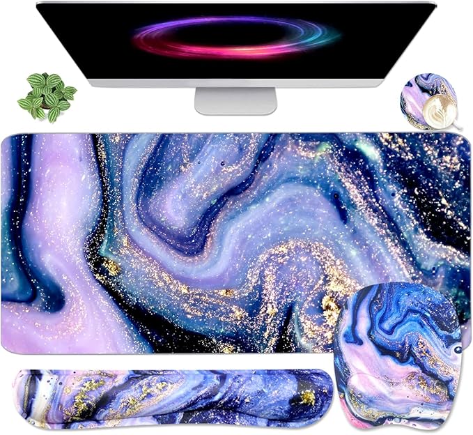 Keyboard Wrist Rest Large Mouse Pad Wrist Support for Computer, 4 in 1 Memory Foam Keyboard Pad Desk Mat Ergonomic Hand Rest Wrist Cushion for Home Office Gaming-Purple Marble