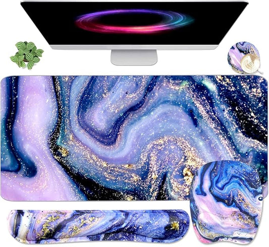 Keyboard Wrist Rest Large Mouse Pad Wrist Support for Computer, 4 in 1 Memory Foam Keyboard Pad Desk Mat Ergonomic Hand Rest Wrist Cushion for Home Office Gaming-Purple Marble