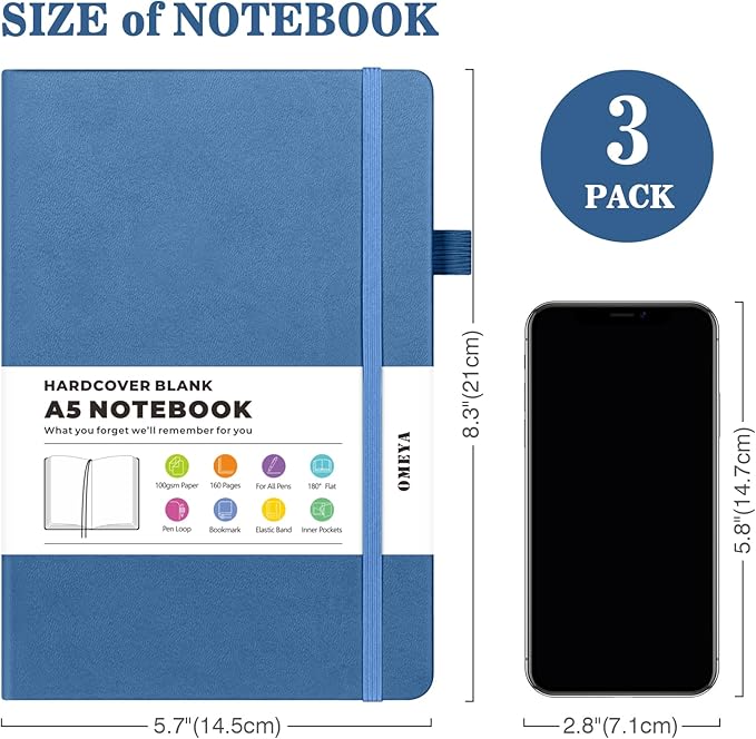 Blank Journal Notebook, 3 Pack A5 Sketch Book, Hardcvoer Sketchbook for Drawing with 100GSM Thick Paper, Leather Journal for Writing, Unlined Journal for Women, Men, School, 160 Pages, 5.7" x 8.4"