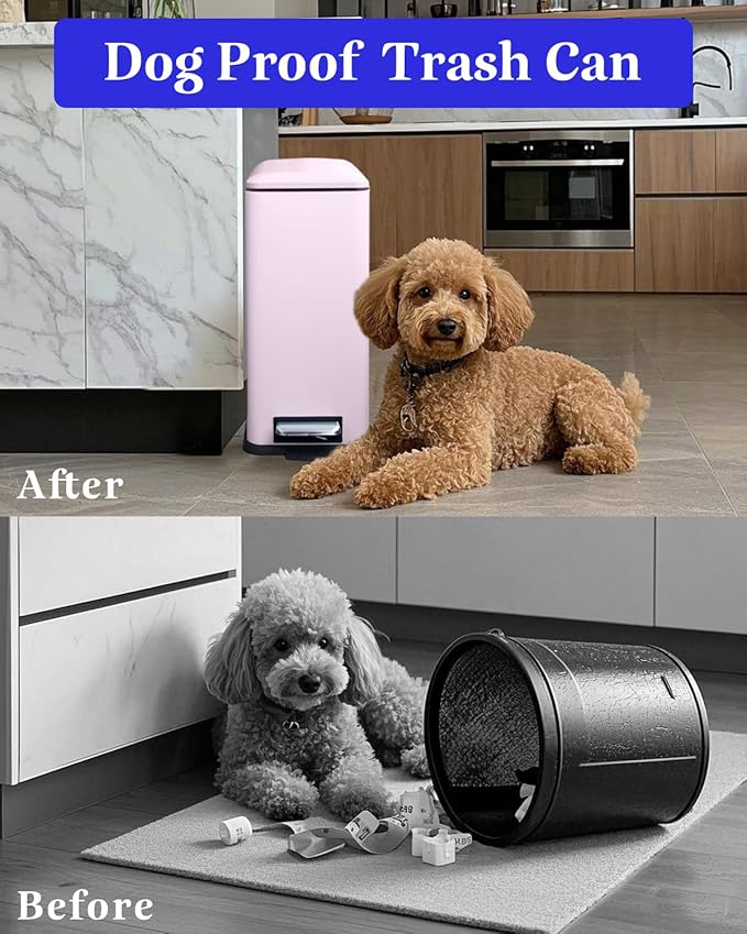 Rubbish Bin with Lid, 10 L, Stainless Steel Bathroom Waste Bin, Small Waste Bin, Pedal Bin, Stainless Steel for Bathroom, Bedroom and Office, Pink