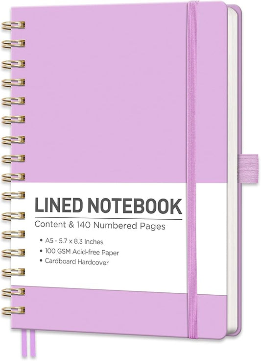 RETTACY Lined Journal Notebook, 140 Numbered Pages, A5 Medium Size (5.7'' x 8.3''), for Men & Women, Journaling, Writing, Work & Office, Spiral-bound, Hardcover, 100 GSM Thick Paper (Lilac)
