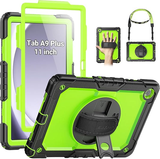 SEYMAC Case for Samsung Galaxy Tab A9+/ A9 Plus Case 11" (SM-X210/X216/X218), Heavy Duty Shockproof Protective Case with Screen Protector, Rotating Stand, Hand/Shoulder Strap, Green