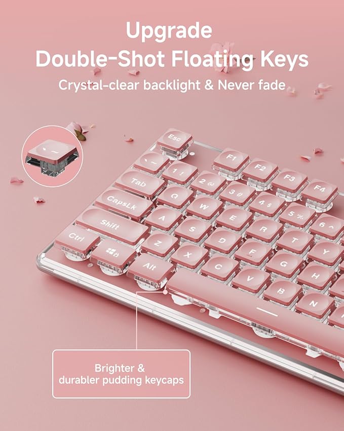 V3 Wireless Keyboard and Mouse with Single Backlit, Metal Panel, Bluetooth/2.4G Rechargeable Computer Keyboard and Mouse Combo Silent Lighted Full Size Cute Keyboards-Pink