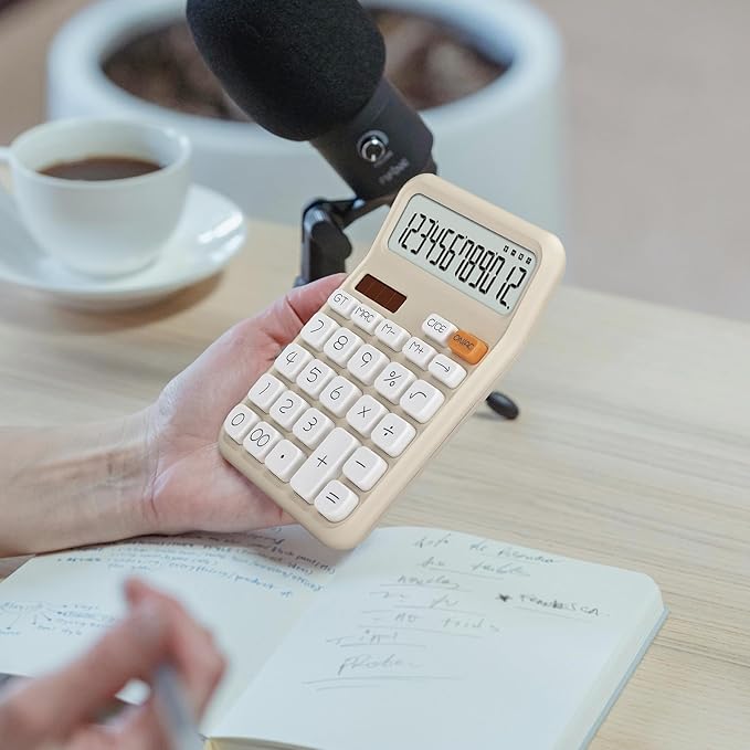 Pendancy Calculators Desktop, Basic 4 Function Handheld Desk Calculator with Solar Battery Dual Power, 12 Digit Large LCD Display Big Button for Office School Home Use (Beige)