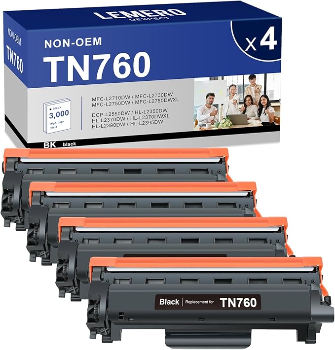 LEMERO UEXPECT TN760 Toner Compatible for Brother Printer Replacement for Brother TN760 TN-730/TN-760 TN730 High Yield for MFC-L2710DW MFC-L2717DW HL-L2350DW HL-L2395DW DCP-L2550DW Printer, 4 Pack