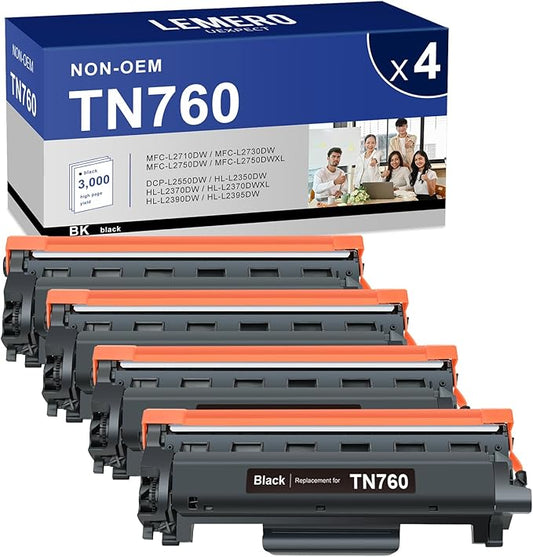 LEMERO UEXPECT TN760 Toner Compatible for Brother Printer Replacement for Brother TN760 TN-730/TN-760 TN730 High Yield for MFC-L2710DW MFC-L2717DW HL-L2350DW HL-L2395DW DCP-L2550DW Printer, 4 Pack