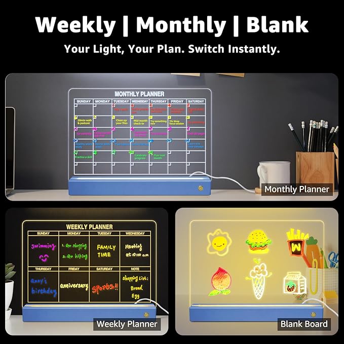 LED Note Board with 8 Colors，Acrylic Dry Erase Board with Light, Clear Monthly/Weekly Calendar, Led Drawing Board for Kids with Stand, 8 Markers, Adapter, Soft Cloth, Holiday Trend Gift (Blue)