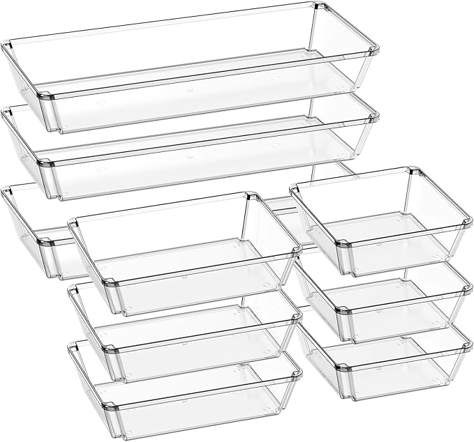 9 Pack Large Clear Plastic Drawer Organizer Trays, Desk Drawer Organizers and Storage Dividers, Non-Slip Storage Bins for Jewelry, Snacks, Office, Bathroom, Bedroom and Kitchen