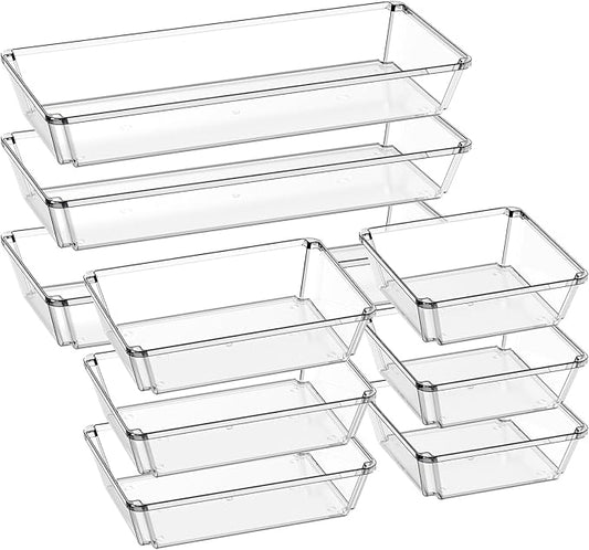 9 Pack Large Clear Plastic Drawer Organizer Trays, Desk Drawer Organizers and Storage Dividers, Non-Slip Storage Bins for Jewelry, Snacks, Office, Bathroom, Bedroom and Kitchen