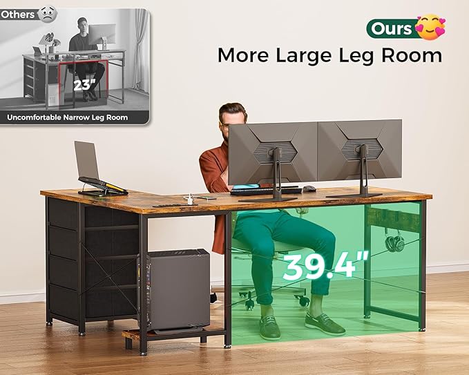 Casaottima L Shaped Desk with 4 Tier Drawers, 53" Gaming Desk with Power Outlets & USB, Reversible L-Shaped Computer Desk with CPU Stand, Home Office Corner Desk with Storage, Easy Assemble, Vintage